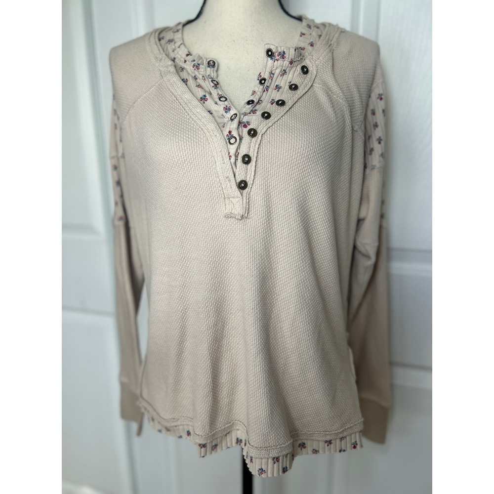 Free‎ People Womens XS Patchwork Henley Top Floral Trim Thermal Knit Shirt